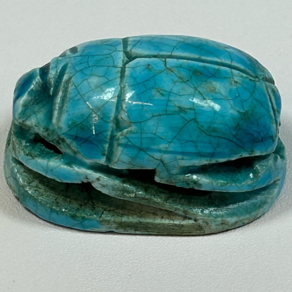 Vintage Egyptian Glazed Turquoise Blue Carved Scarab Bead Faience Large